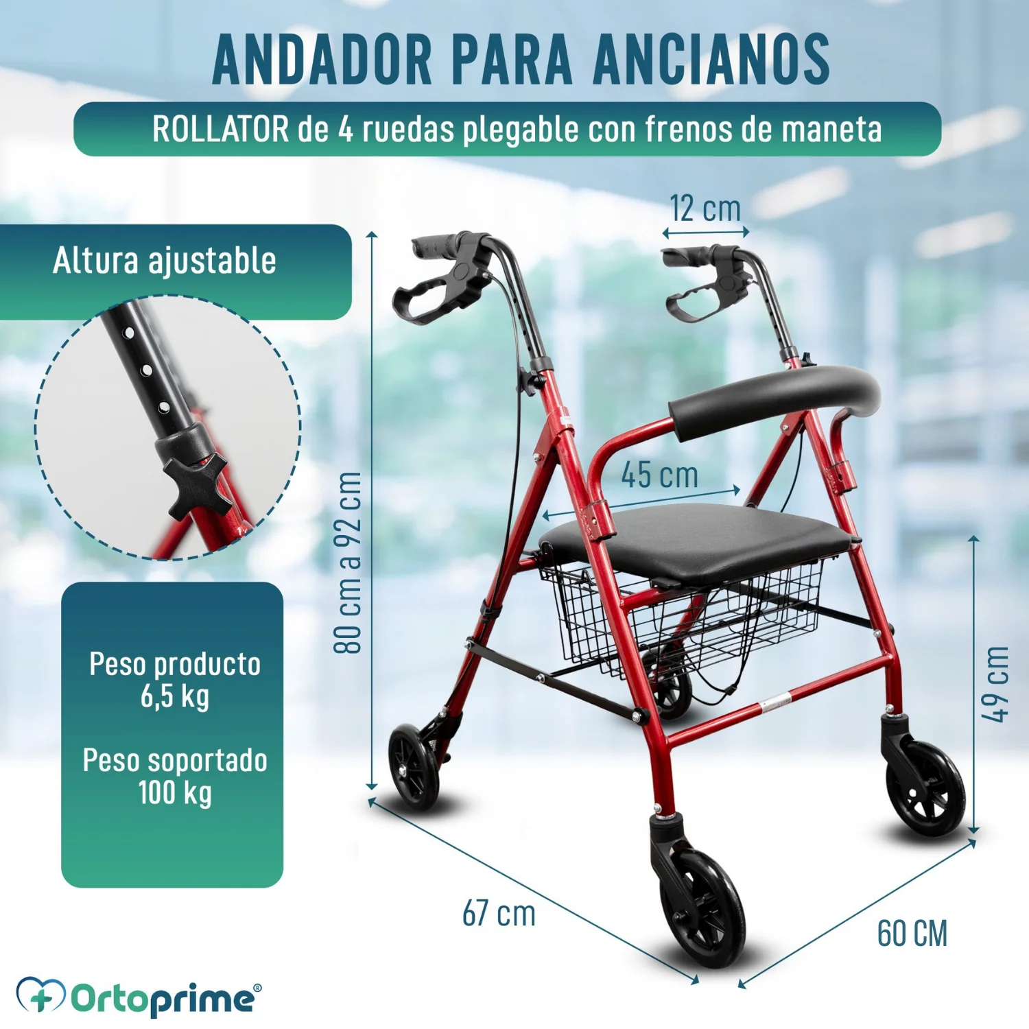 Andador Rollator de Aluminio con Frenos Maneta y Asiento Acolchado - Image 5