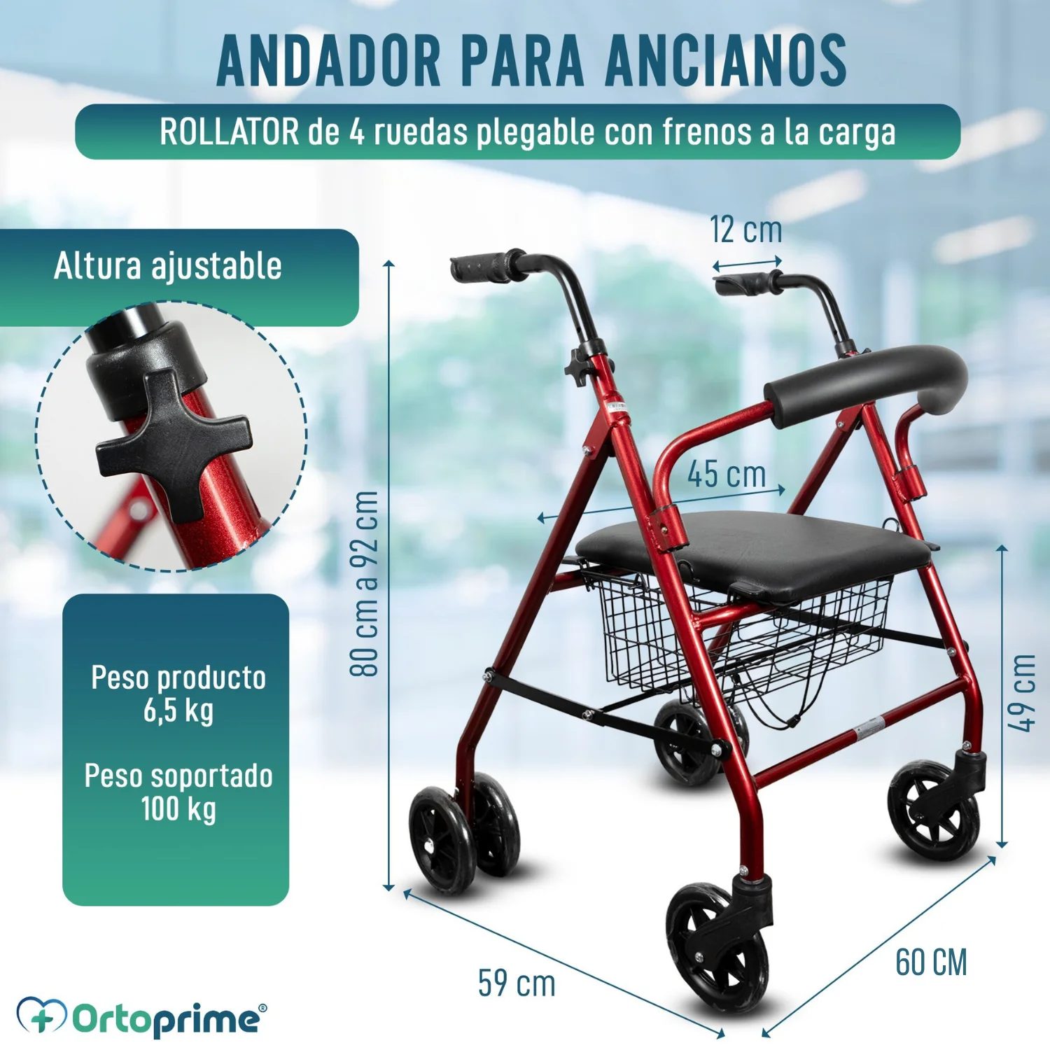 Andador Rollator de Aluminio con Freno a la Carga y Asiento Acolchado - Image 3