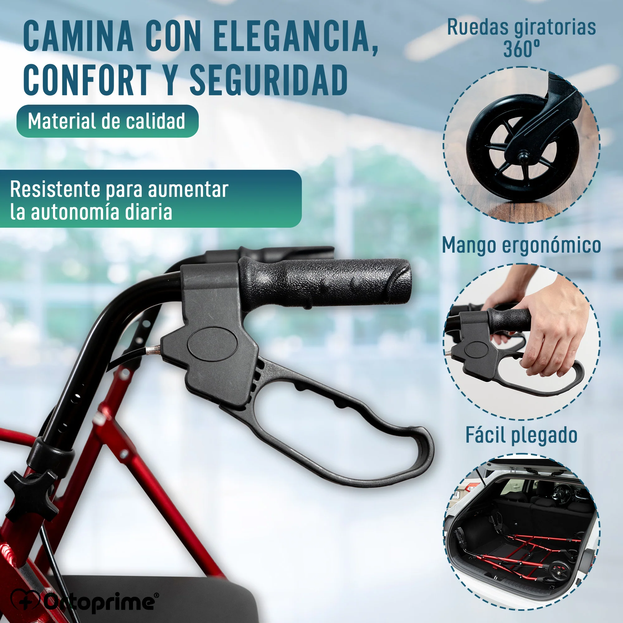 Andador para Ancianos Plegable Cuatro Ruedas | Freno Maneta Asiento Cesta - Image 4