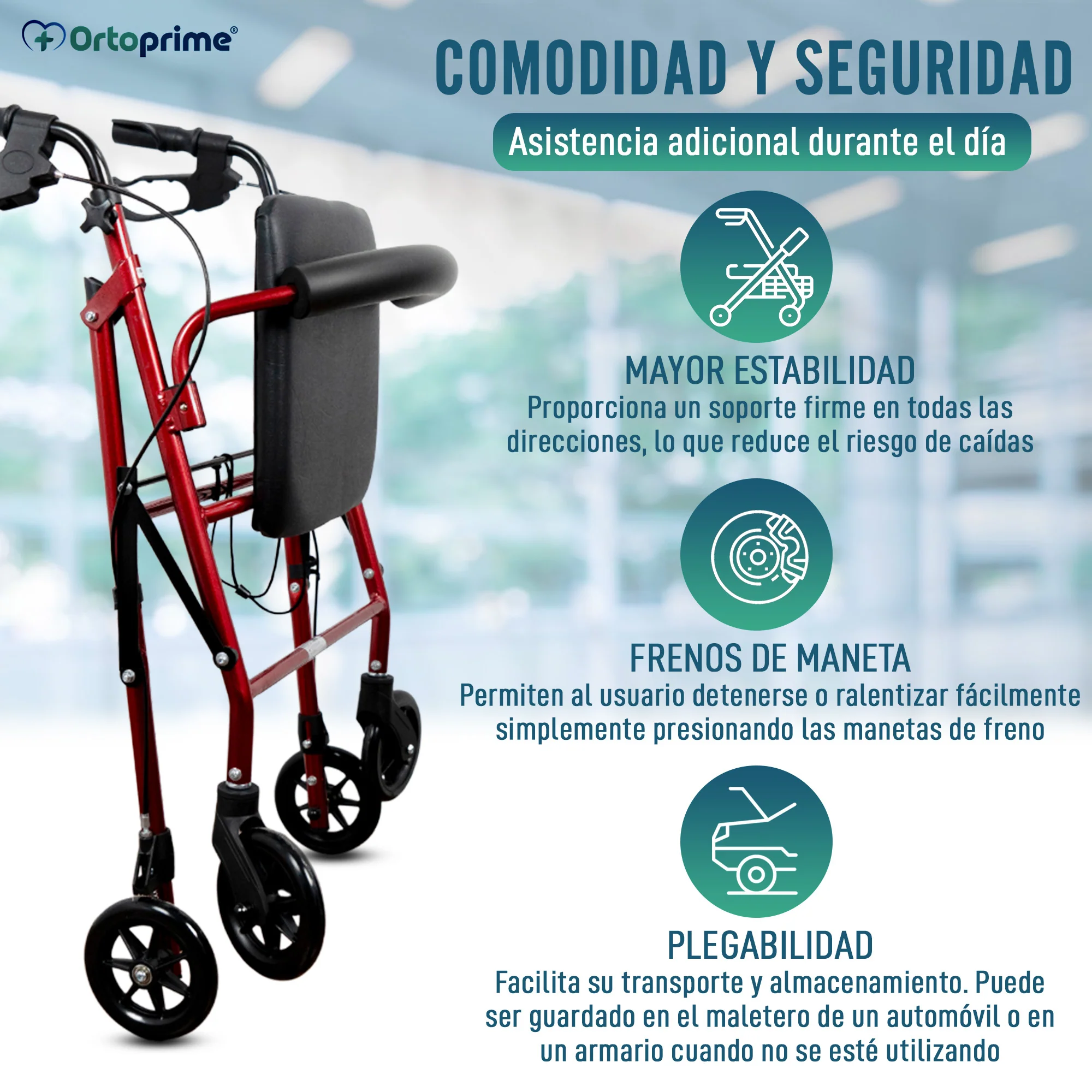 Andador para Ancianos Plegable Cuatro Ruedas | Freno Maneta Asiento Cesta - Image 5