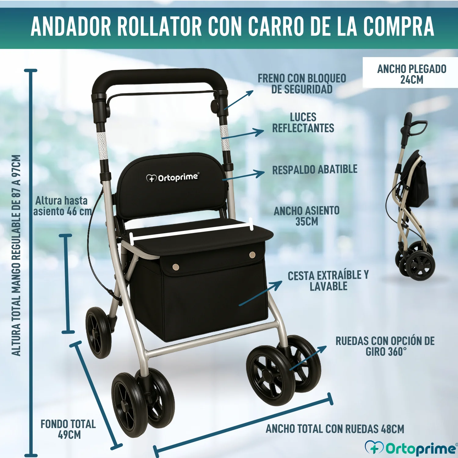 Andador Adultos Plegable Rollator con Carro de la Compra - Image 2