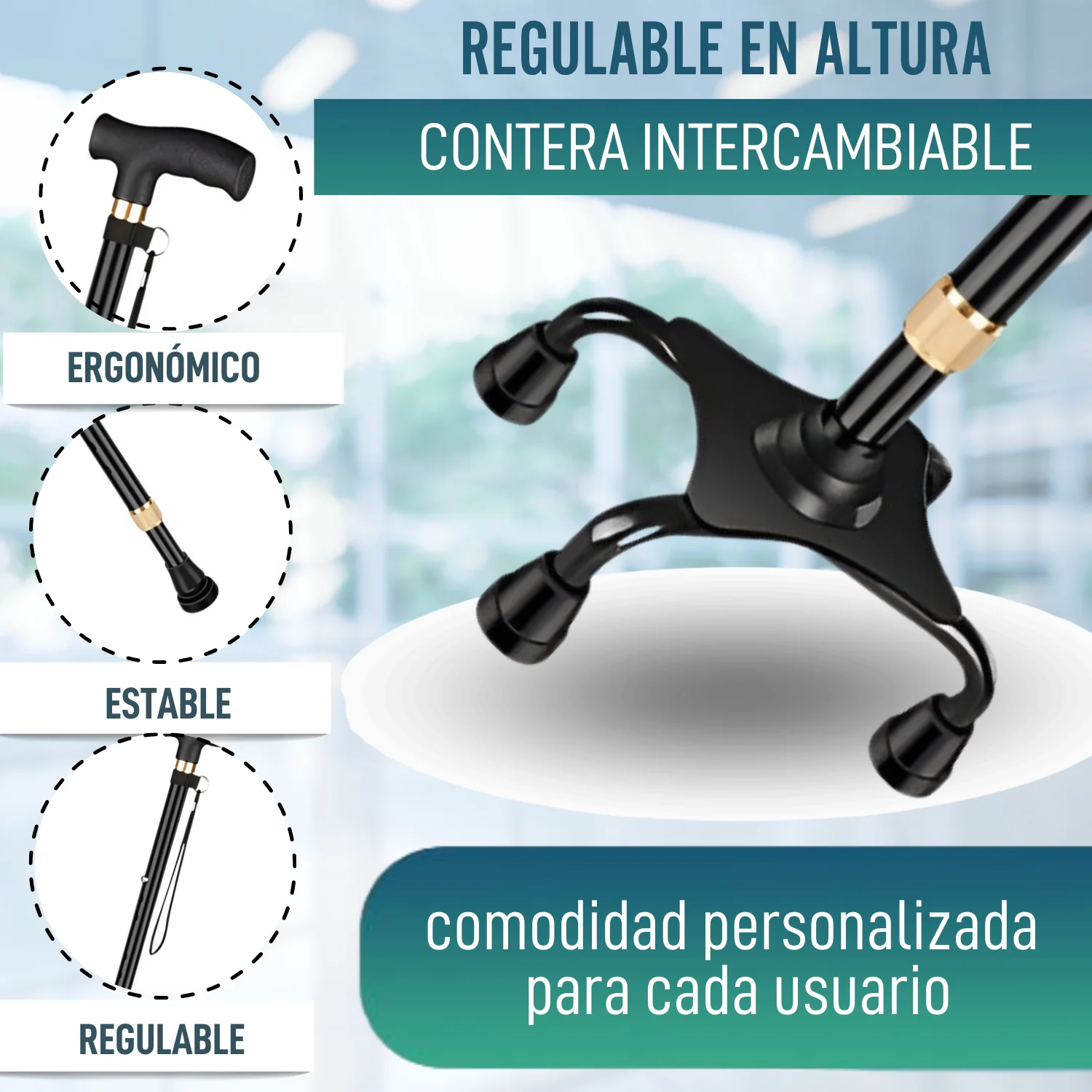Bastón Cuadrípode 4 patas Regulable | Con Contera Convertible - Image 3