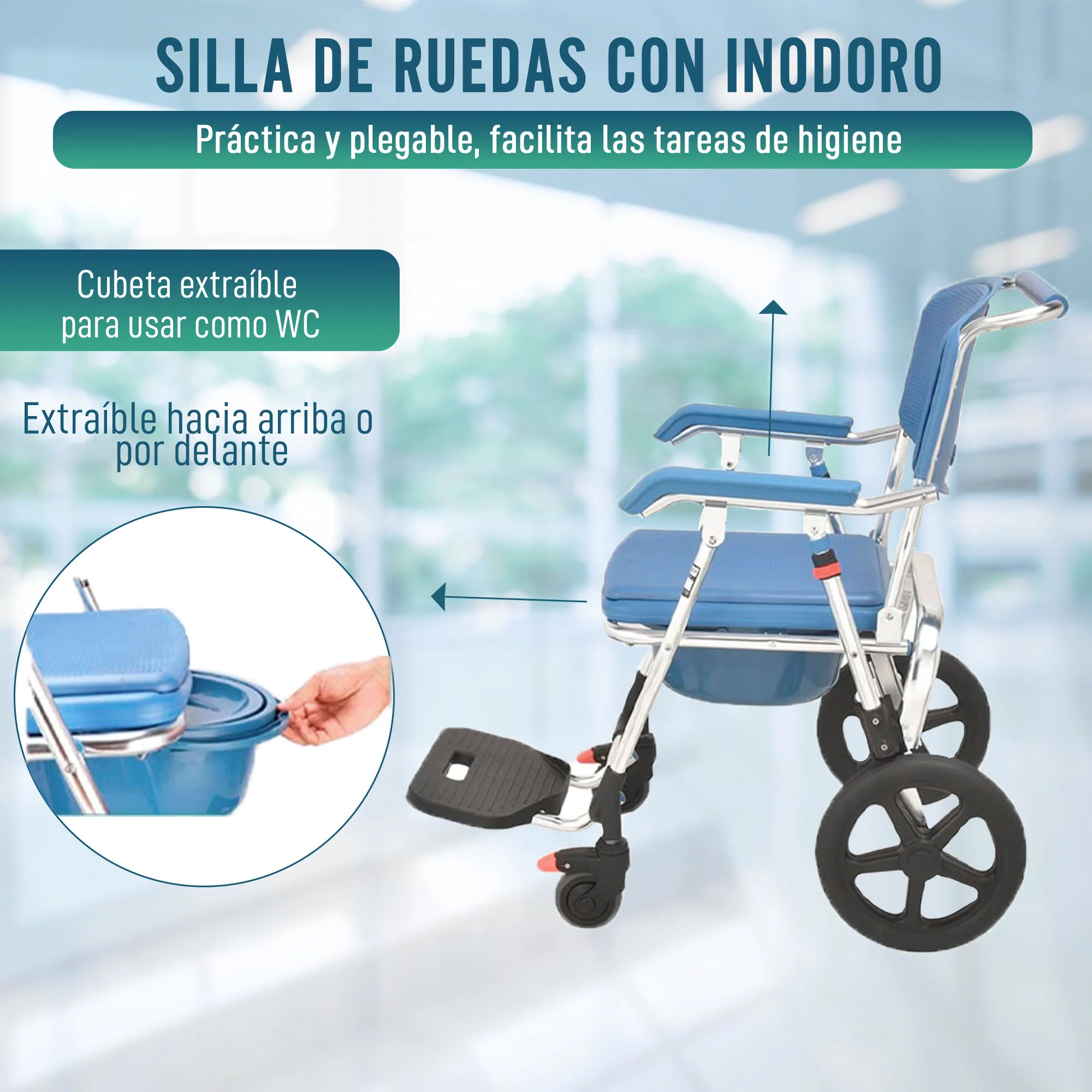 Silla de Ruedas Plegable con Inodoro Incorporado y Extraíble - Image 3