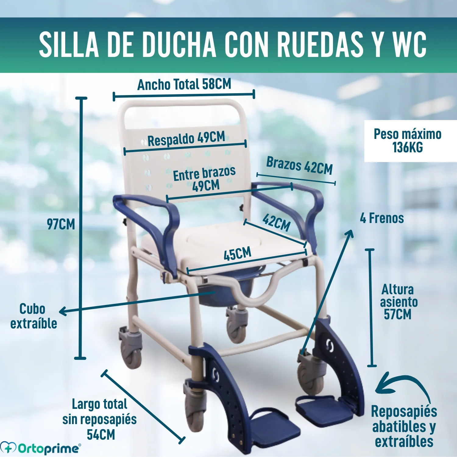 Silla Ducha WC Adultos Brazos y Pies Abatibles | Inodoro Portátil - Image 2
