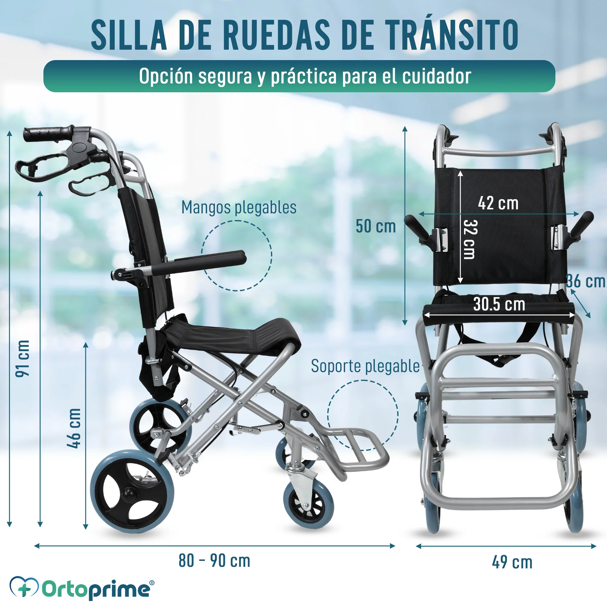 Silla de Ruedas Estrecha de Tránsito Plegable Aluminio | Freno Maneta - Image 2