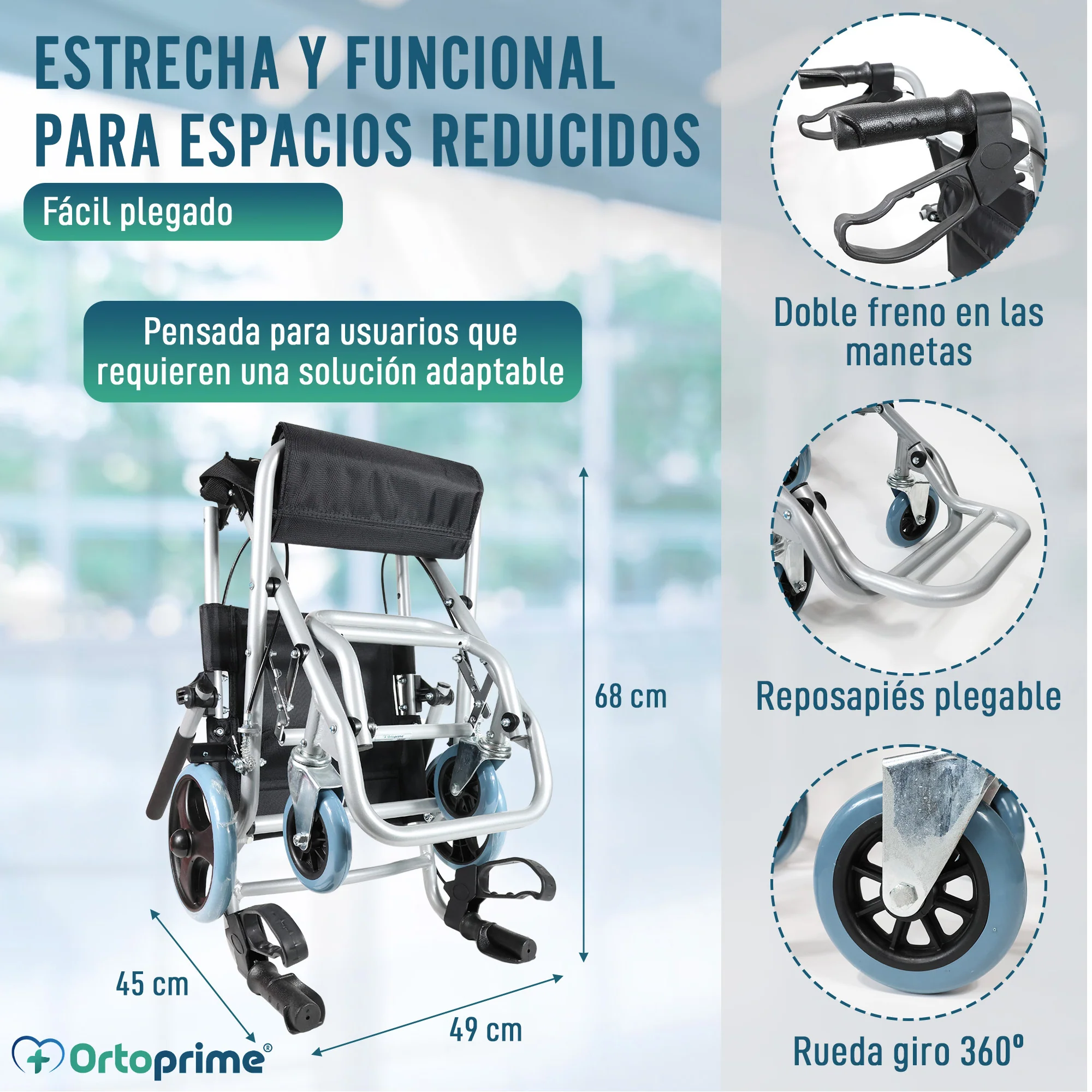 Silla de Ruedas Estrecha de Tránsito Plegable Aluminio | Freno Maneta - Image 3
